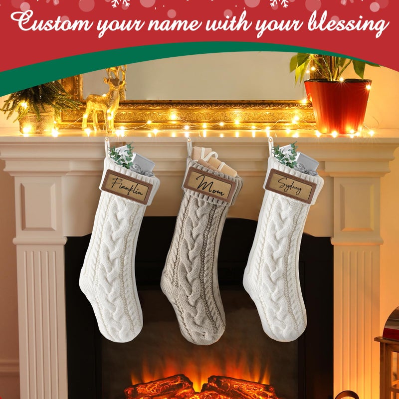 steo spce Personalized Christmas Stocking with Leather Patches Custom Name Family Christmas Stockings  18.5  Large Knitted Xmas Stockings for Kids  Holiday and Fireplace Party Decoration - 4Pcs - Image 4